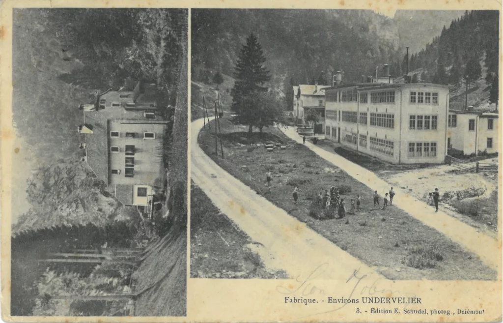 La Fabrique d’Undervelier, sur une carte postale datée du 7 octobre 1907.
