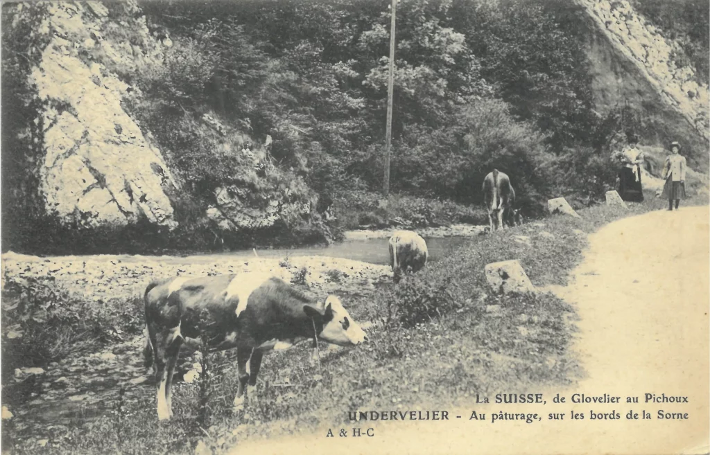 Ce cliché non daté présente les Blanches Fontaines, avec une vue des maisons et de la montagne.