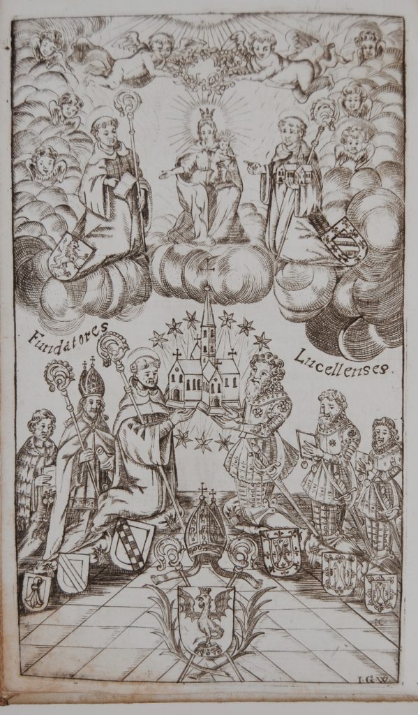 L’abbé Buchinger (1606-1673) a écrit un livre retraçant l’histoire du site. Sur cette page, nous distinguons l’abbaye, en forme de croix, et ses fondateurs. D’un côté, les trois cousins de Montfaucon et leurs armes représentant deux bars. De l’autre, les armoiries de l’ordre de Citeaux et des représentants de l’Evêché de Bâle.